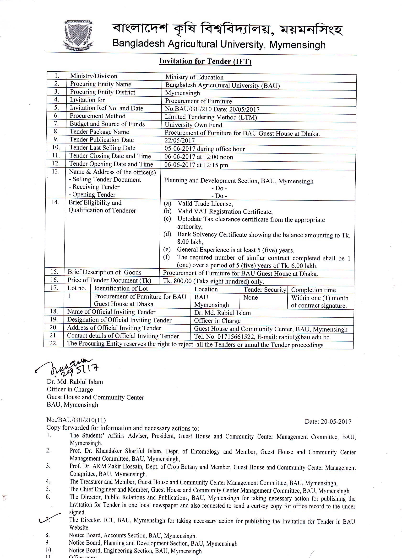 Procurement of Furniture