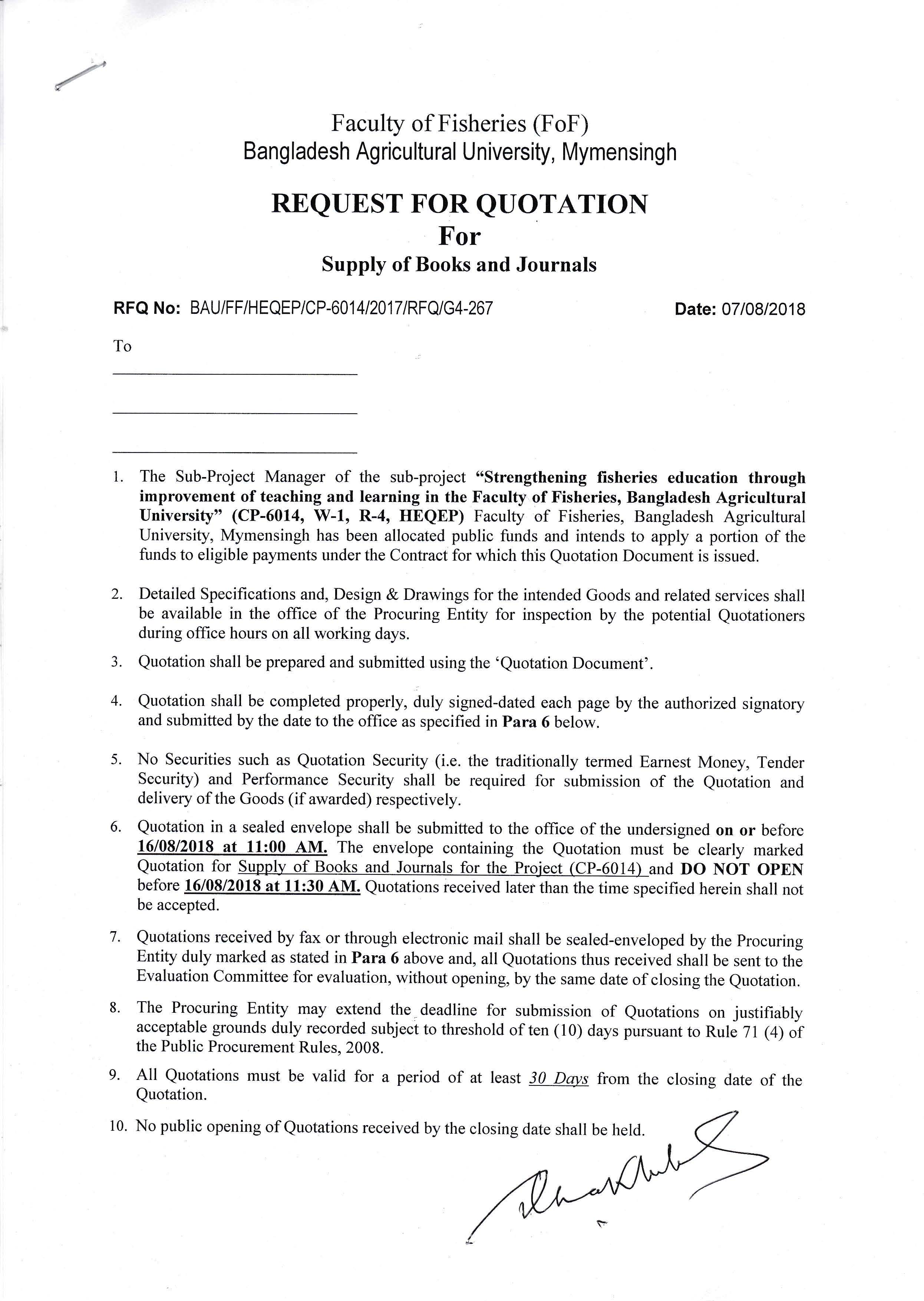 Request for Quotation for Supply of Books and Journals